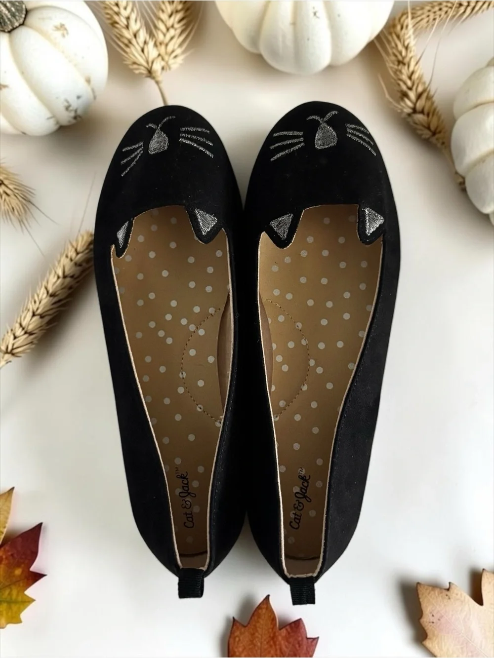 Cat & Jack Big Girls Size 4 Black Cat Face Flats EUC